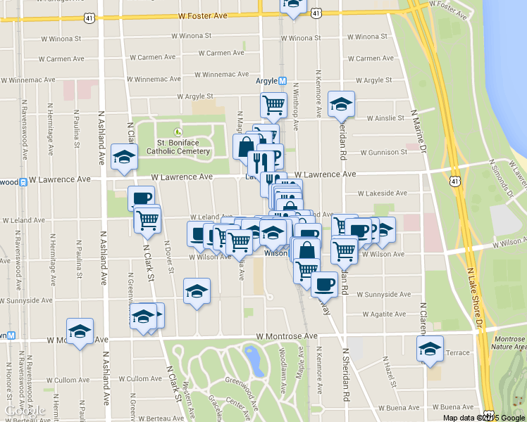 map of restaurants, bars, coffee shops, grocery stores, and more near 1207 West Leland Avenue in Chicago
