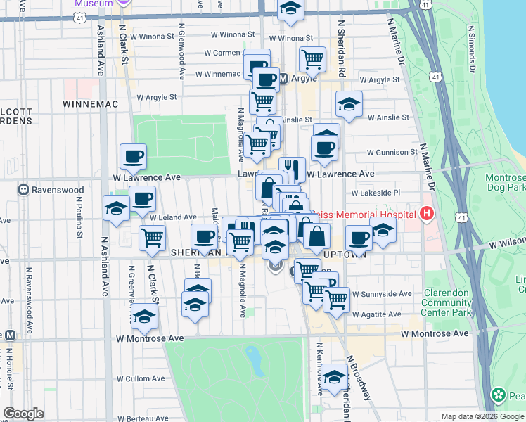 map of restaurants, bars, coffee shops, grocery stores, and more near 1207 West Leland Avenue in Chicago