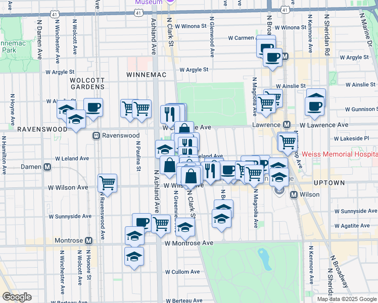 map of restaurants, bars, coffee shops, grocery stores, and more near 4658 North Dover Street in Chicago