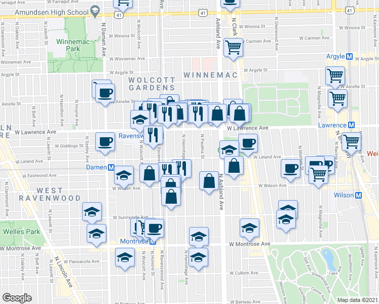 map of restaurants, bars, coffee shops, grocery stores, and more near 1721 West Leland Avenue in Chicago