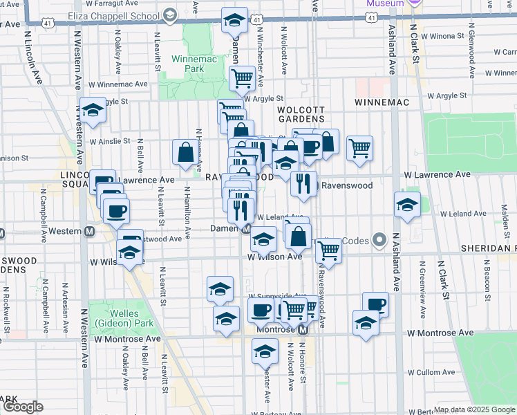 map of restaurants, bars, coffee shops, grocery stores, and more near in Chicago