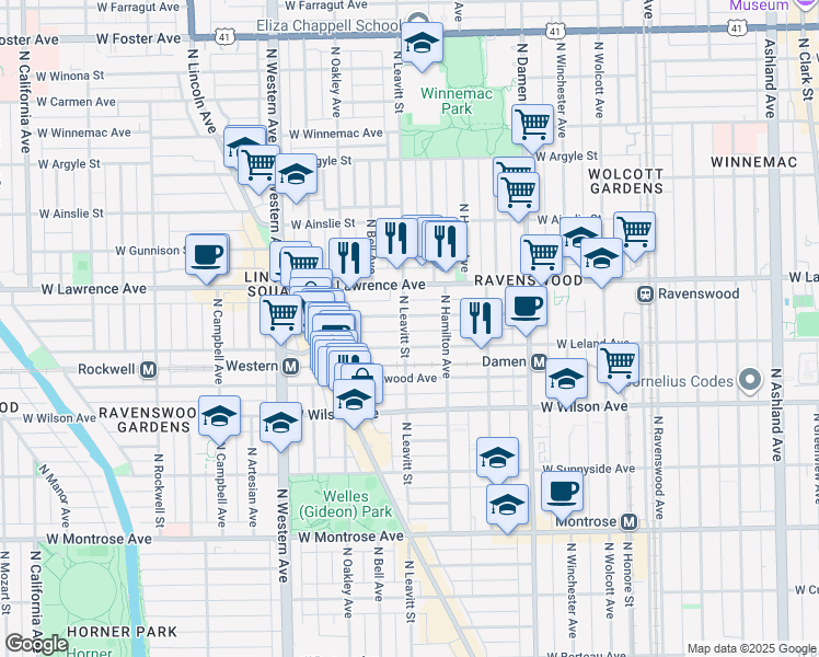 map of restaurants, bars, coffee shops, grocery stores, and more near 4704 North Leavitt Street in Chicago