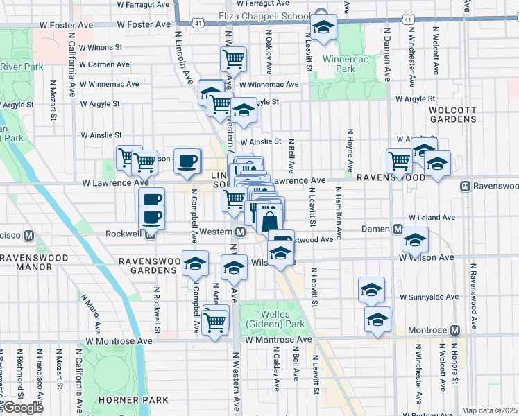 map of restaurants, bars, coffee shops, grocery stores, and more near 2272 West Leland Avenue in Chicago