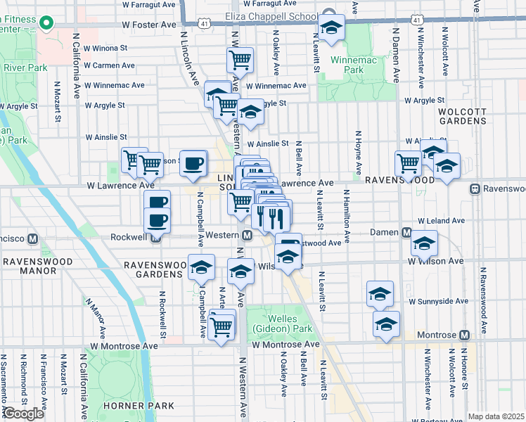 map of restaurants, bars, coffee shops, grocery stores, and more near 2272 West Leland Avenue in Chicago