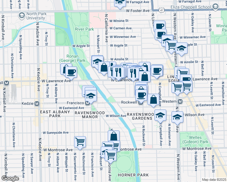 map of restaurants, bars, coffee shops, grocery stores, and more near 2734 West Leland Avenue in Chicago