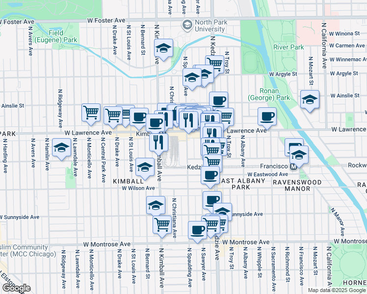 map of restaurants, bars, coffee shops, grocery stores, and more near 4710 North Spaulding Avenue in Chicago