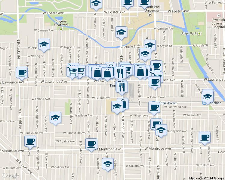 map of restaurants, bars, coffee shops, grocery stores, and more near 4706 North Kimball Avenue in Chicago