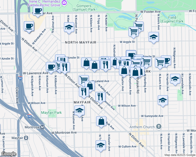 map of restaurants, bars, coffee shops, grocery stores, and more near 4754 North Kelso Avenue in Chicago