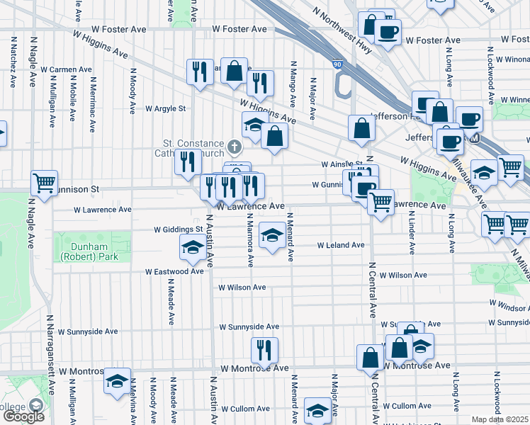 map of restaurants, bars, coffee shops, grocery stores, and more near 5838 West Giddings Street in Chicago