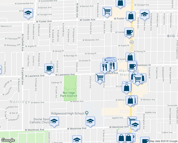 map of restaurants, bars, coffee shops, grocery stores, and more near in Harwood Heights