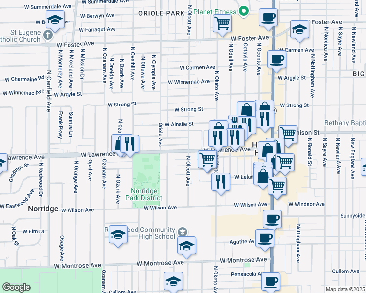 map of restaurants, bars, coffee shops, grocery stores, and more near in Harwood Heights