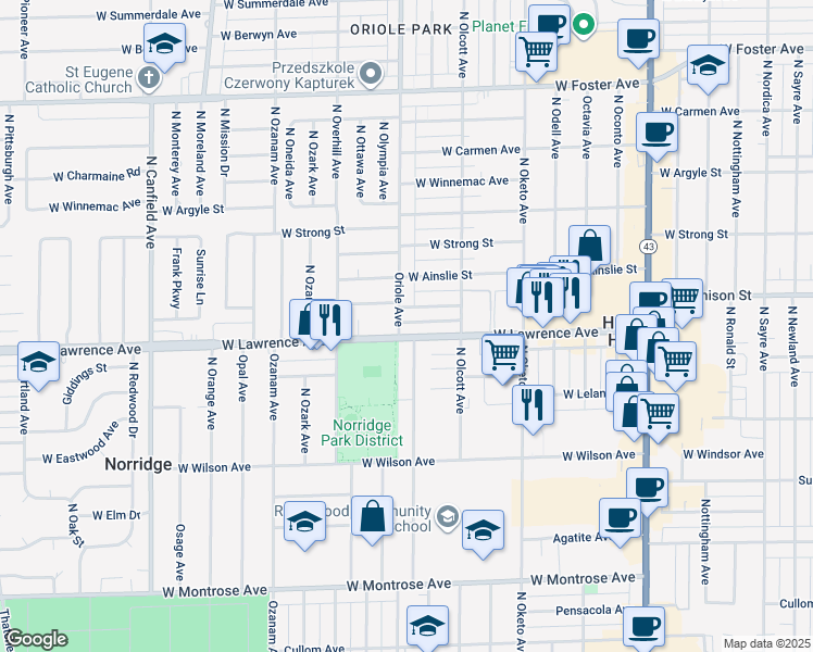 map of restaurants, bars, coffee shops, grocery stores, and more near 4753 North Oriole Avenue in Norridge