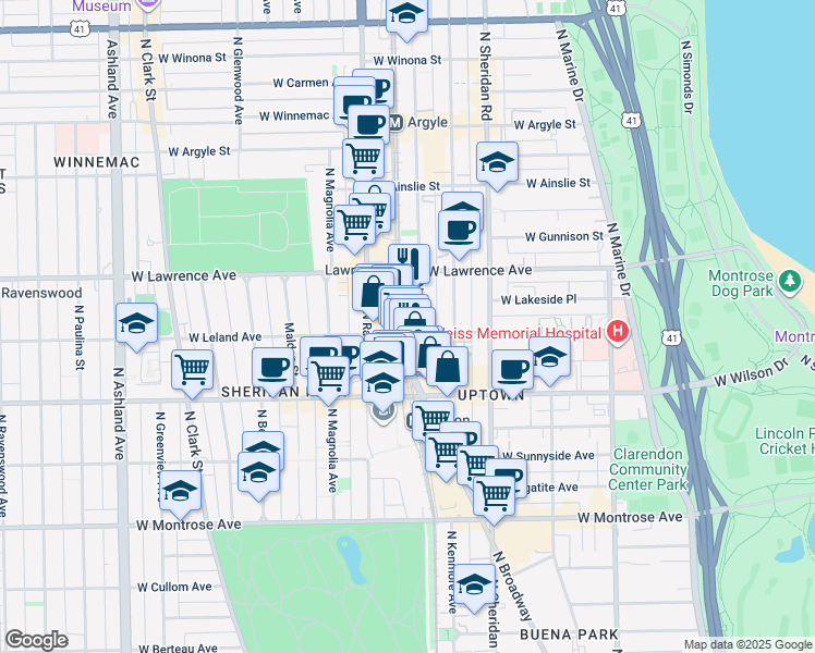 map of restaurants, bars, coffee shops, grocery stores, and more near 1116 West Leland Avenue in Chicago