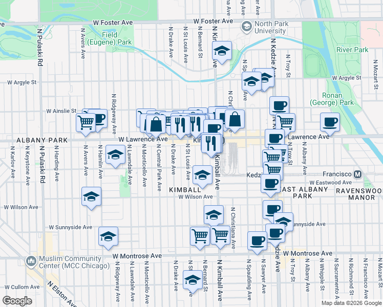 map of restaurants, bars, coffee shops, grocery stores, and more near 4729 North Saint Louis Avenue in Chicago