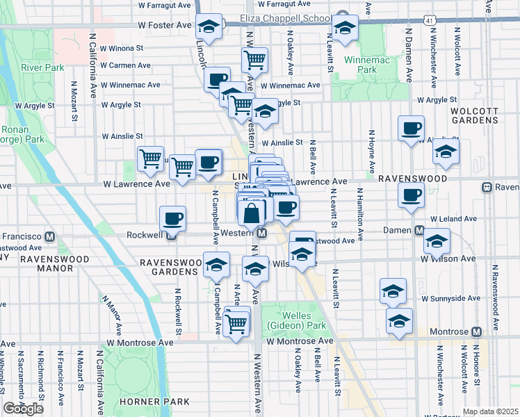 map of restaurants, bars, coffee shops, grocery stores, and more near 4740 North Lincoln Avenue in Chicago