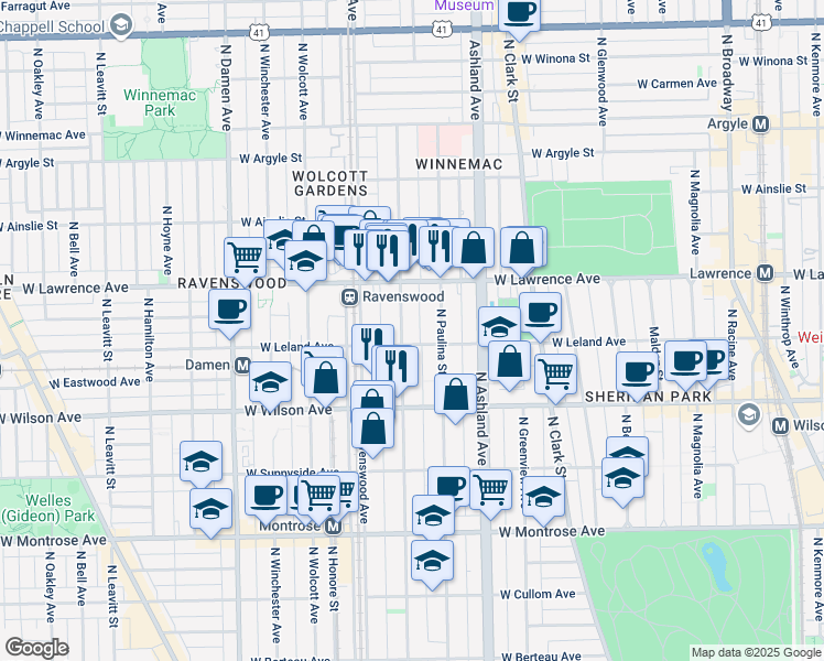 map of restaurants, bars, coffee shops, grocery stores, and more near 1721 West Leland Avenue in Chicago