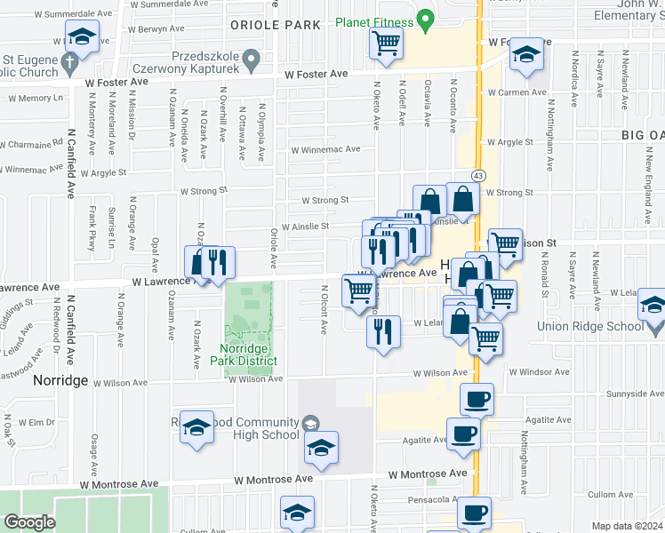 map of restaurants, bars, coffee shops, grocery stores, and more near in Harwood Heights