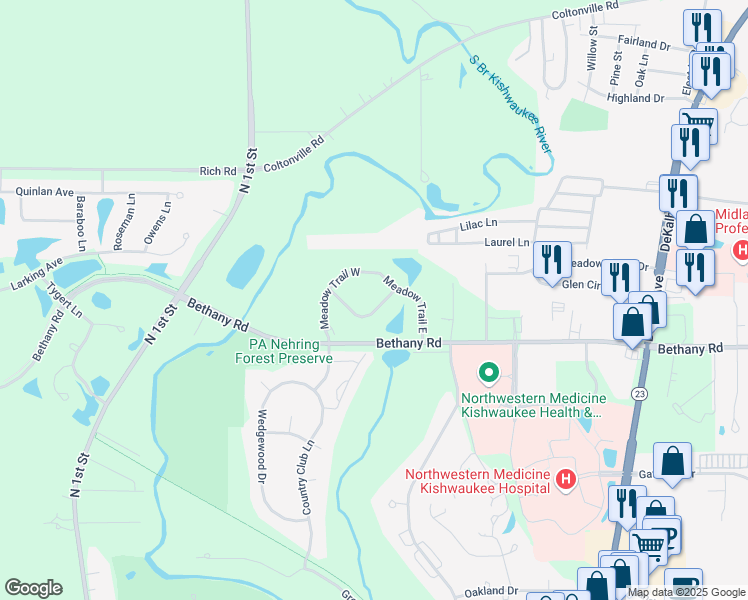 map of restaurants, bars, coffee shops, grocery stores, and more near 459 Red Wing Lane in DeKalb