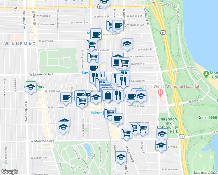 map of restaurants, bars, coffee shops, grocery stores, and more near 4701 North Winthrop Avenue in Chicago