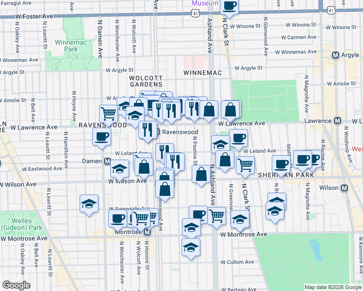 map of restaurants, bars, coffee shops, grocery stores, and more near 1721 West Leland Avenue in Chicago