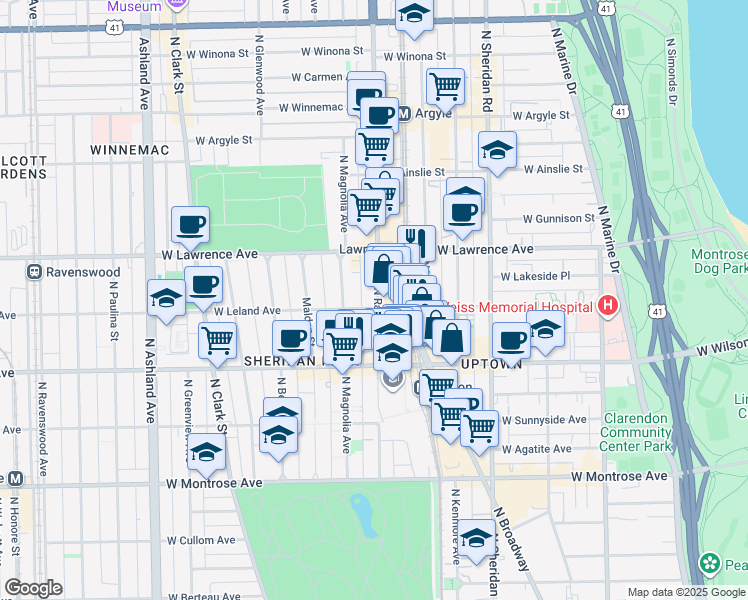 map of restaurants, bars, coffee shops, grocery stores, and more near 1207 West Leland Avenue in Chicago
