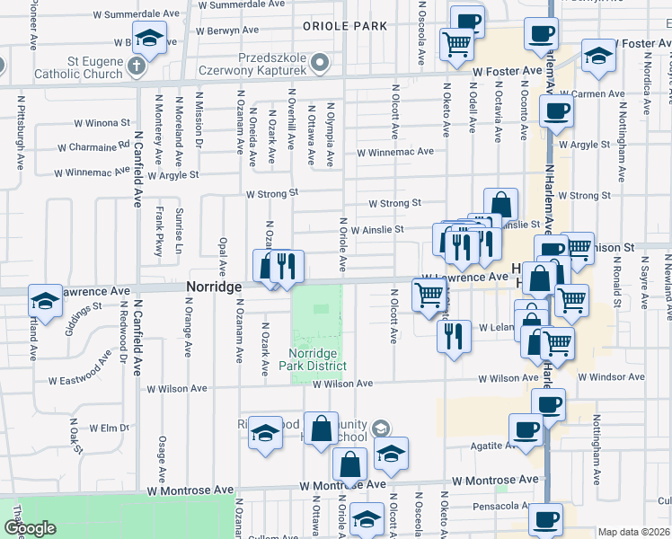map of restaurants, bars, coffee shops, grocery stores, and more near 7632 West Lawrence Avenue in Harwood Heights