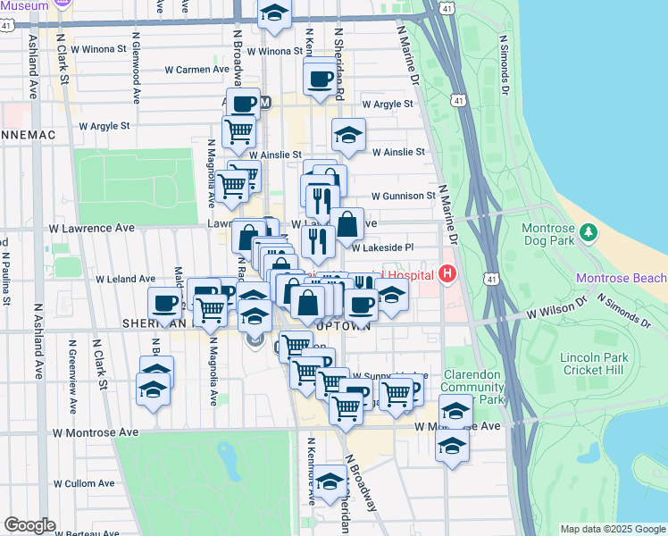 map of restaurants, bars, coffee shops, grocery stores, and more near 1007 West Leland Avenue in Chicago