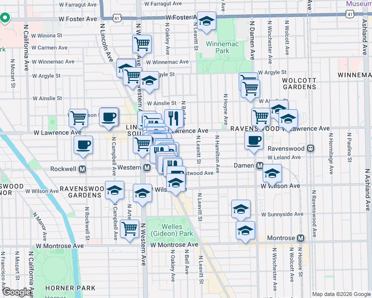 map of restaurants, bars, coffee shops, grocery stores, and more near 2236 West Leland Avenue in Chicago