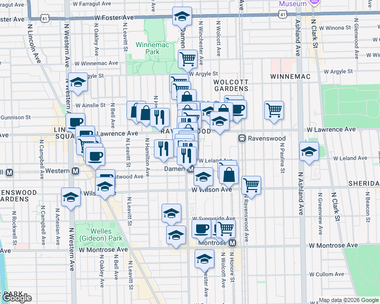 map of restaurants, bars, coffee shops, grocery stores, and more near 4715 North Damen Avenue in Chicago