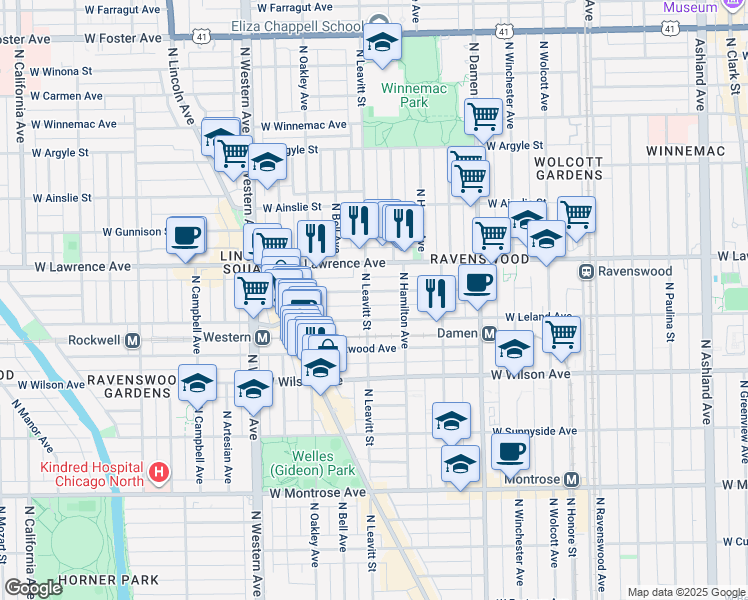 map of restaurants, bars, coffee shops, grocery stores, and more near 4721 North Leavitt Street in Chicago