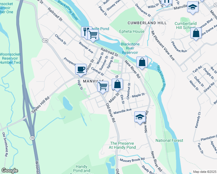 map of restaurants, bars, coffee shops, grocery stores, and more near 132 Old Main Street in Lincoln
