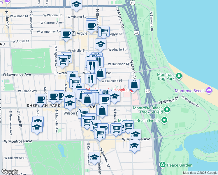 map of restaurants, bars, coffee shops, grocery stores, and more near 935 West Leland Avenue in Chicago