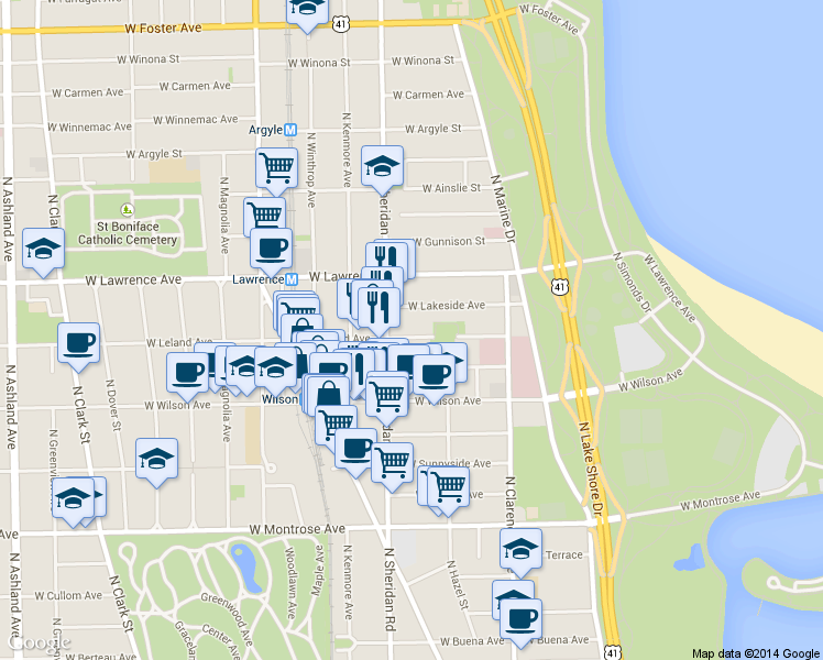 map of restaurants, bars, coffee shops, grocery stores, and more near 935 West Leland Avenue in Chicago