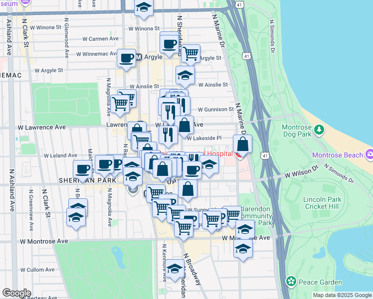 map of restaurants, bars, coffee shops, grocery stores, and more near 935 West Leland Avenue in Chicago