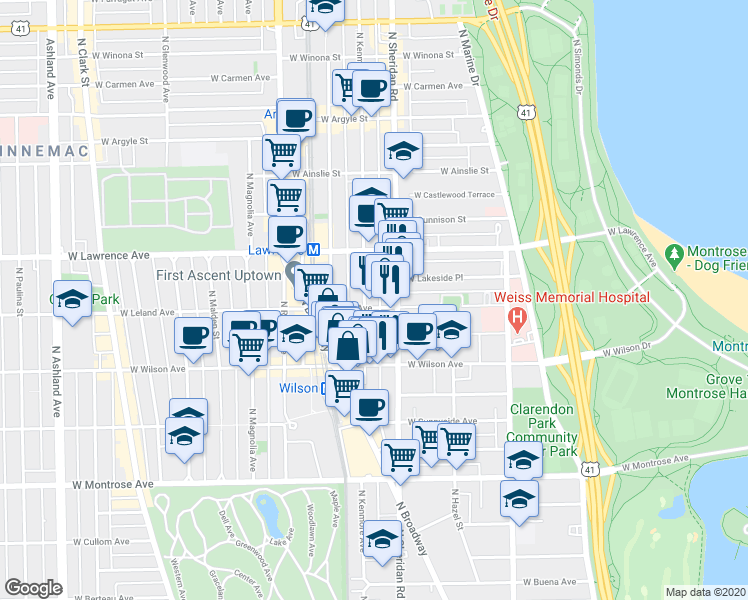 map of restaurants, bars, coffee shops, grocery stores, and more near 1007 West Leland Avenue in Chicago