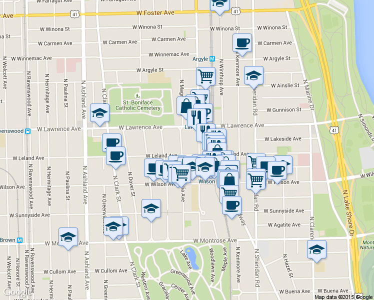 map of restaurants, bars, coffee shops, grocery stores, and more near 1207 West Leland Avenue in Chicago