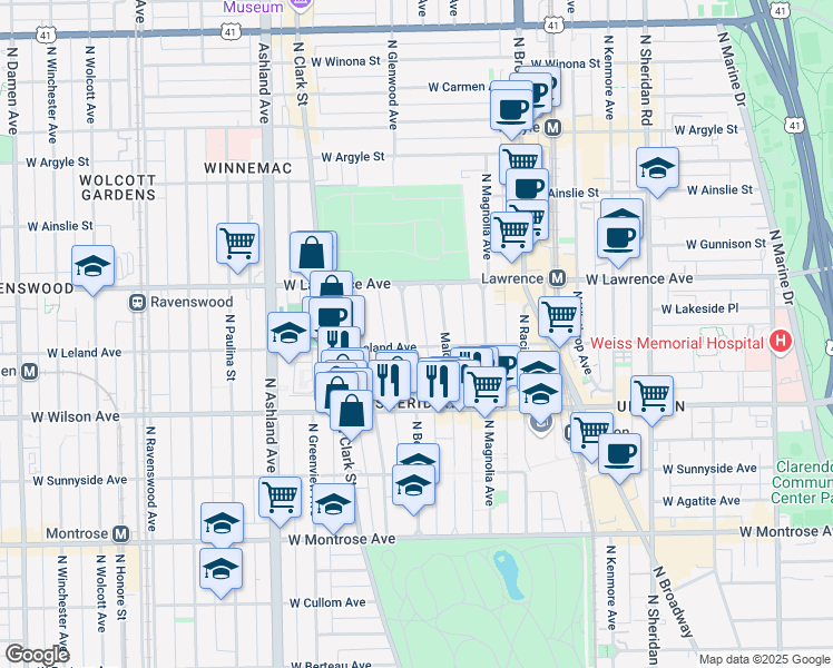 map of restaurants, bars, coffee shops, grocery stores, and more near 4656 North Beacon Street in Chicago