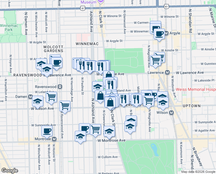 map of restaurants, bars, coffee shops, grocery stores, and more near 4655 North Clark Street in Chicago