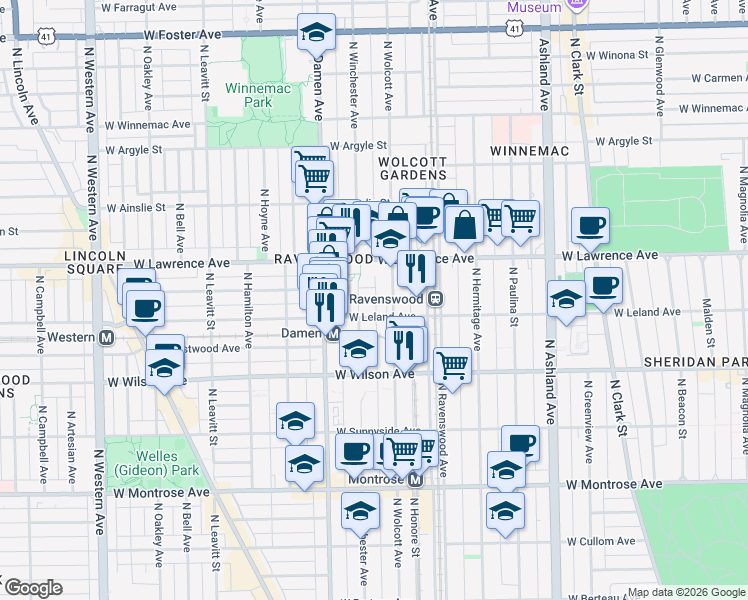 map of restaurants, bars, coffee shops, grocery stores, and more near 1900 West Leland Avenue in Chicago