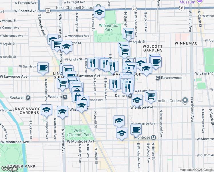 map of restaurants, bars, coffee shops, grocery stores, and more near 2146 West Leland Avenue in Chicago