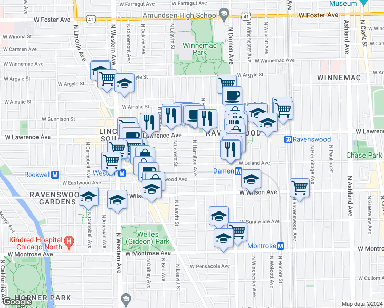map of restaurants, bars, coffee shops, grocery stores, and more near 2146 West Leland Avenue in Chicago