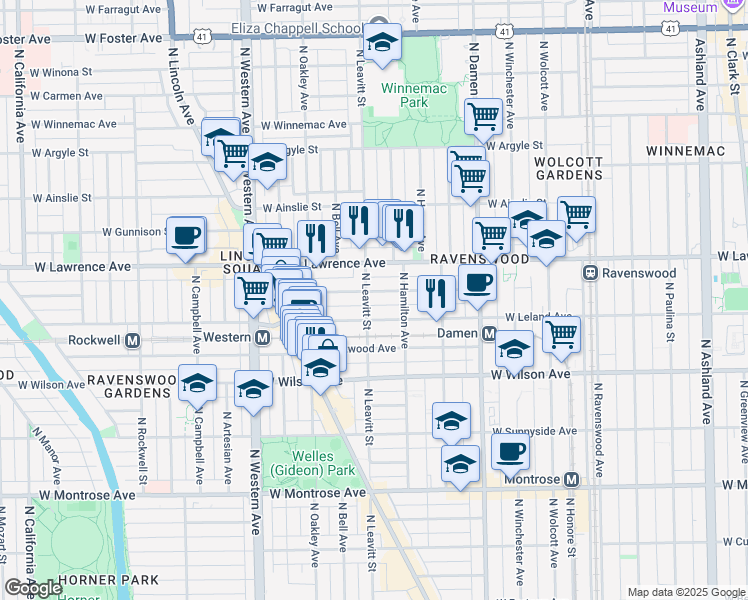 map of restaurants, bars, coffee shops, grocery stores, and more near 4704 North Leavitt Street in Chicago
