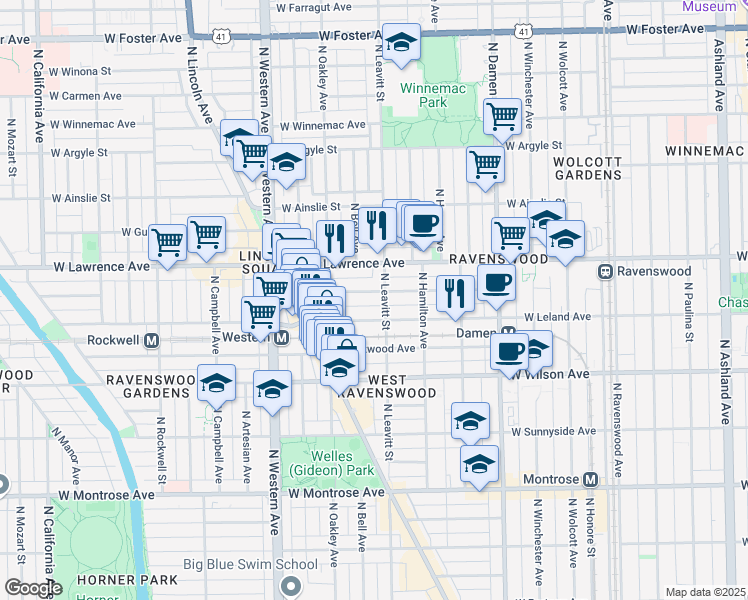 map of restaurants, bars, coffee shops, grocery stores, and more near 4704 North Leavitt Street in Chicago