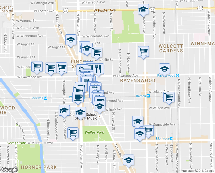 map of restaurants, bars, coffee shops, grocery stores, and more near 2236 West Leland Avenue in Chicago