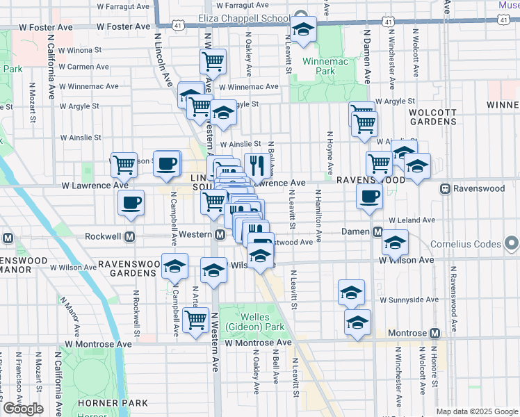 map of restaurants, bars, coffee shops, grocery stores, and more near 2236 West Leland Avenue in Chicago