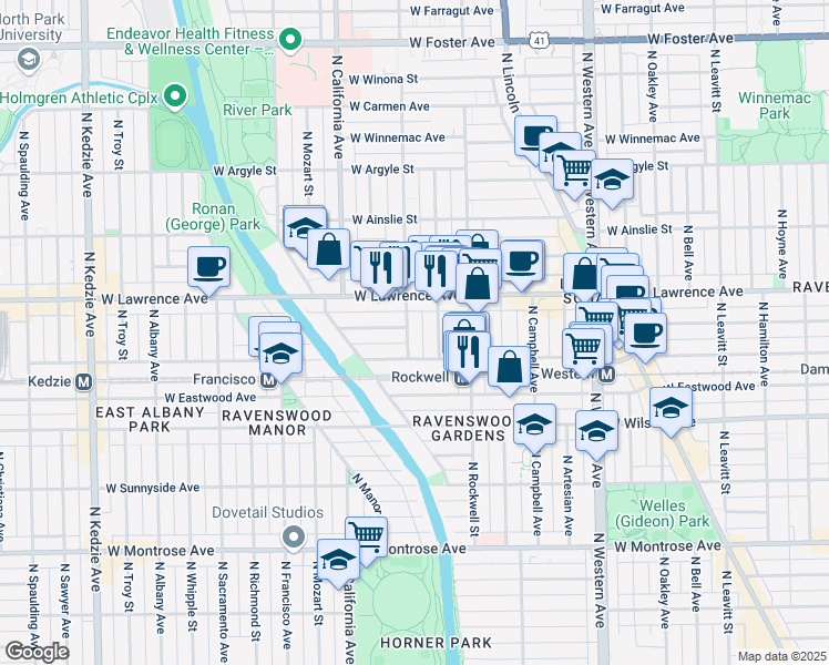 map of restaurants, bars, coffee shops, grocery stores, and more near 4709 North Washtenaw Avenue in Chicago