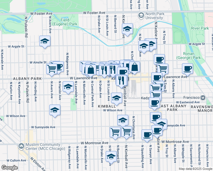 map of restaurants, bars, coffee shops, grocery stores, and more near 4713 North Saint Louis Avenue in Chicago