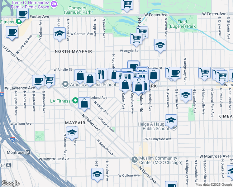 map of restaurants, bars, coffee shops, grocery stores, and more near 4748 North Kiona Avenue in Chicago