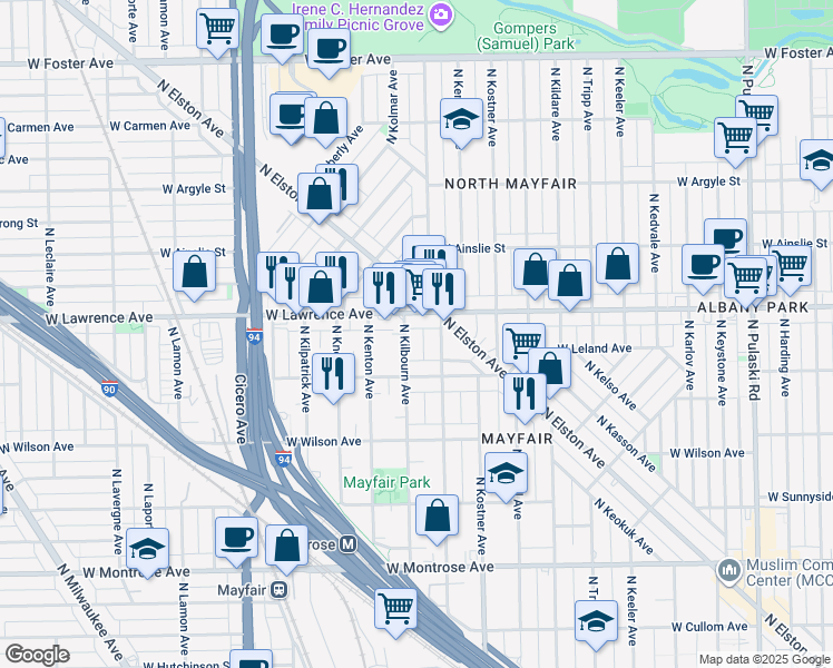 map of restaurants, bars, coffee shops, grocery stores, and more near 4723 North Kilbourn Avenue in Chicago