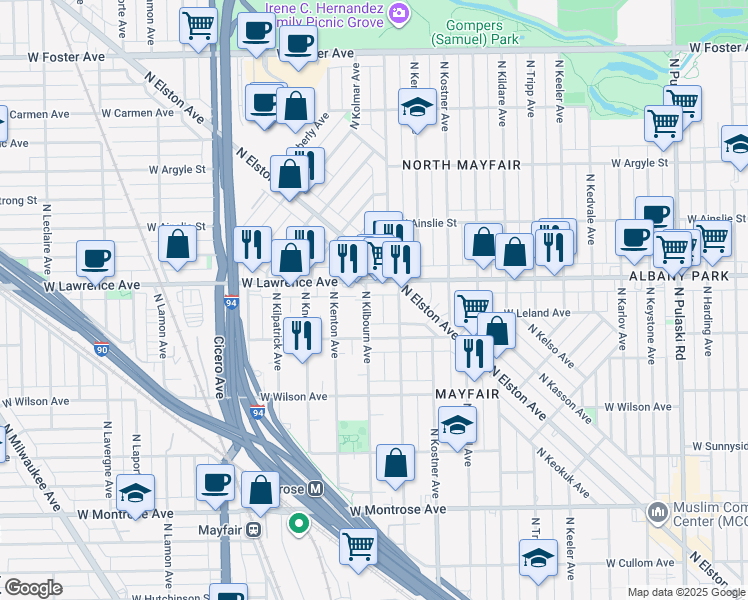 map of restaurants, bars, coffee shops, grocery stores, and more near 4723 North Kilbourn Avenue in Chicago